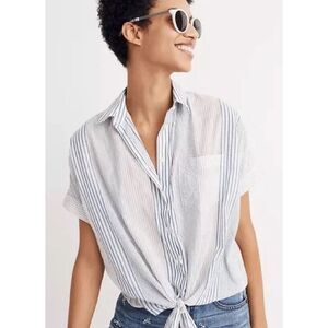 Madewell Short Sleeve Tie-Front Shirt in Rawley Stripe Size XL